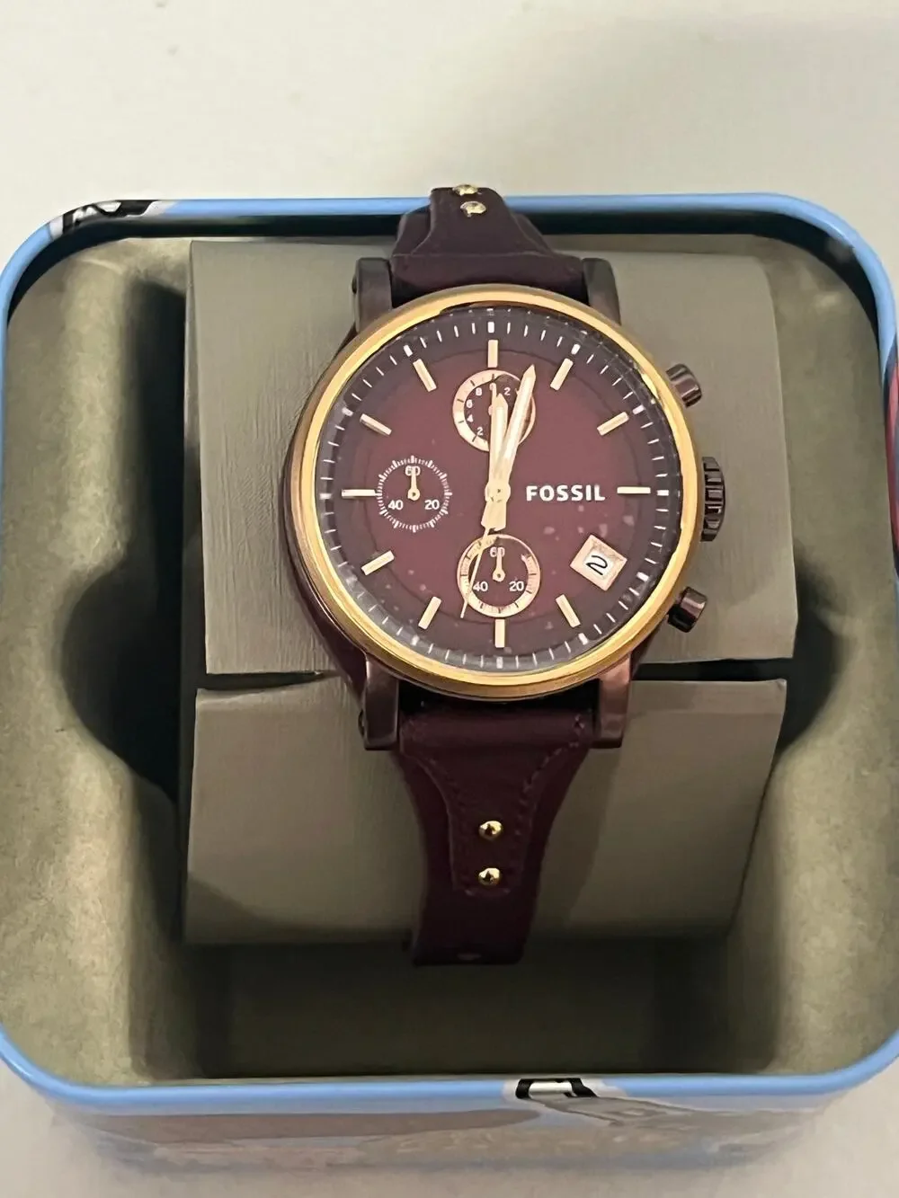 Fossil ES4114 Boyfriend Burgundy Leather Chronograph Ladies Watch Rose Gold Case